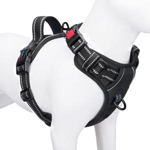 PHOEPET Reflective Dog Harness Large Breed Adjustable No Pull Vest with Handle 2 Metal Rings 3 Buckles (XL, Black)