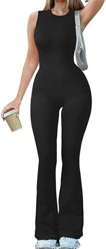 OQQ Women Yoga Jumpsuits Ribbed Crew Neck Sleeveless Bell Bottoms Flare Jumpsuits, Large