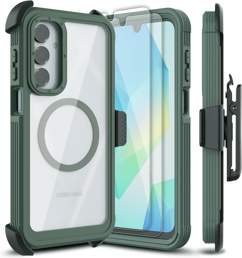 for Samsung Galaxy A16 5G Case, [Transparent & Holster Series] Belt Clip Full Body Shockproof Protective Cell Phone Cover with 2 Pack Tempered Glass Screen Protector (Dark Green/Clear)