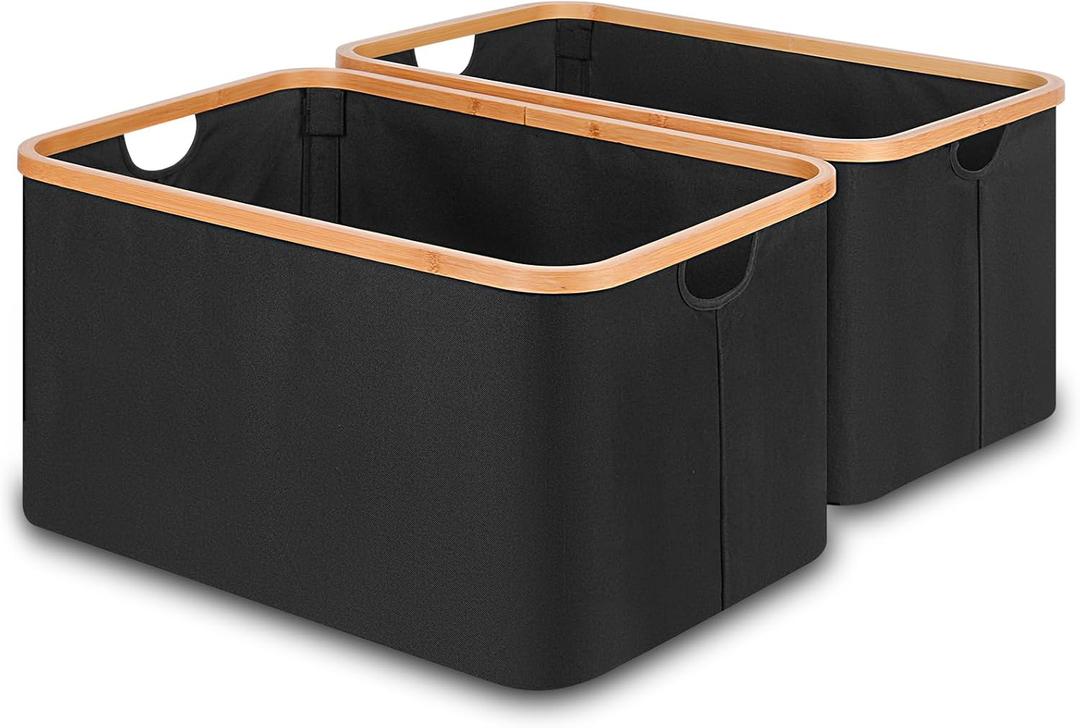 efluky Storage Baskets for Organizing, Fabric Storage Bins with Bamboo Handles, Collapsible Storage Baskets for Shelves and Closet (Black, 21.2'' x 14.5'' x 11.8'')