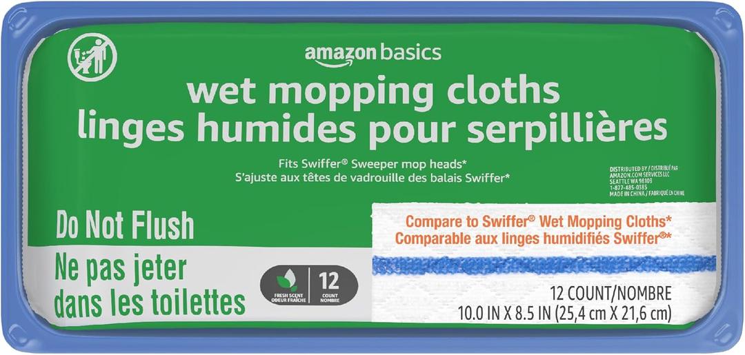 Amazon Basics Wet Mopping Cloth Refills, Floor Cleaning, Fresh Scent, 12 Count (Fits Swiffer Sweeper Mop Heads)