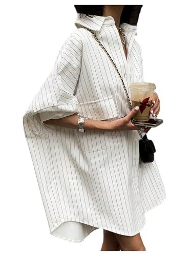 GORGLITTER Women's Button Down Shirt Dresses Striped Oversized Long Sleeve Collared Tunics High Low Blouse Tops with Pockets White Medium