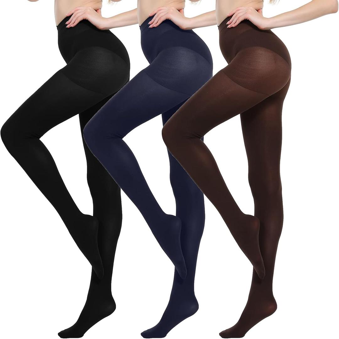 MANZI Run Resistant Control Top Panty Hose Opaque Tights (Large, 1*black+1*navy Blue+2*coffee)