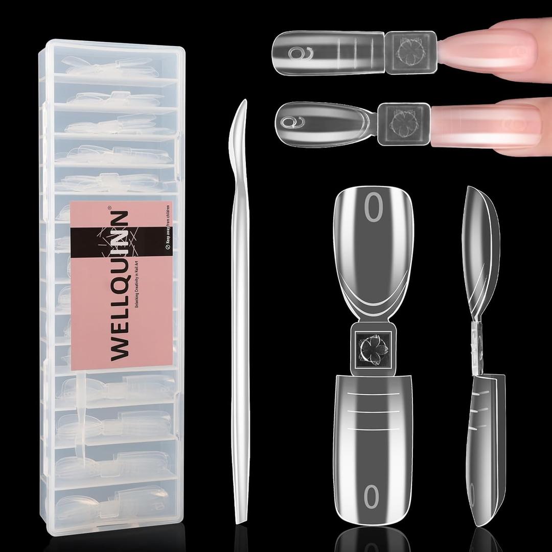 Dual-ended Short Nail Mold Kit, Square & Almond Shape, Embeddable Ultra-Thin Seamless Measured Nail Forms with Gel Scoop, 15 Sizes 75Pcs