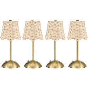 4 Pack Woven Table Lamp 12 Inch Portable Cordless Table Lamp Rechargeable Gold Bedside Light with Woven Rattan Shade for Bedroom Living Room Dining