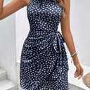 LIGHT DOT Women's Summer Dress Dot Print Halter Neck Tie Waist Casual Zipper Back Sundress Vacation Beach (L)
