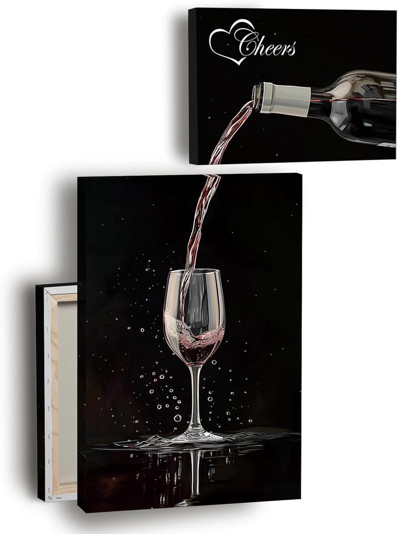 Nekiwa Wine Canvas Wall Art, Framed Black and White Decor for Kitchen, Living Room, Office, Bathroom - 2 Panels (Wine With Cheers)