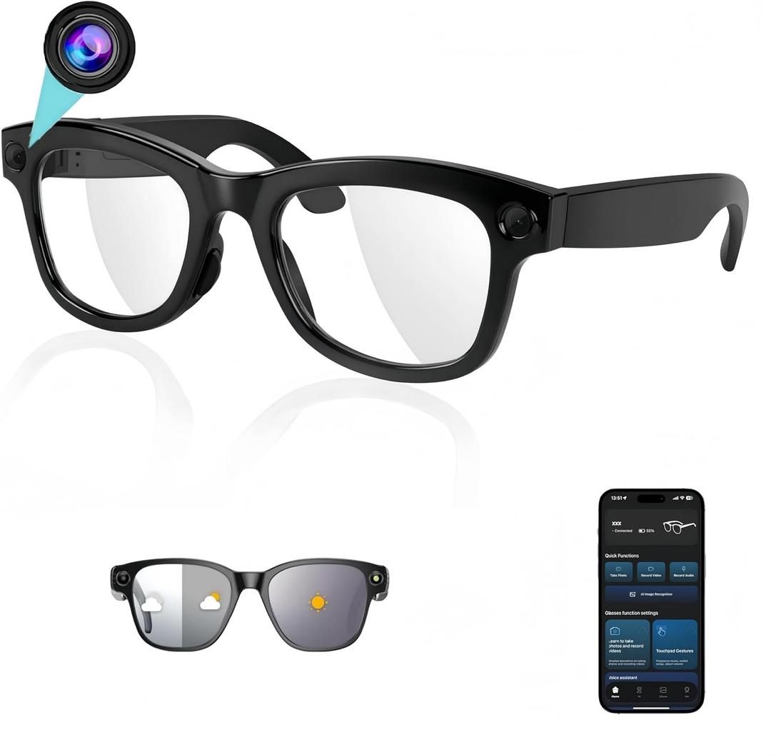 AI Smart Glasses with 8MP HD Camera Continuous 1200P Video Recording Real-Time Voice Translation (100+ Languages), AI Object Recognition & Q&A, Open-Ear Bluetooth Music, Travel and Sports