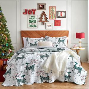 Hansleep Christmas Quilt King Size with Green Reindeer Print, 3 Piece Reversible Quilt Sets Lightweight Bedspread Bed Decor Coverlet Set for All Season (King (106"x96"))