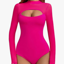 Aranmei Women’s Sexy Mock Turtle Neck Long Sleeve Shirts Sheer Mesh Cutout Trendy Going Out Bodysuits Tops, L