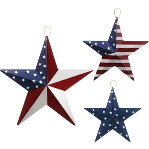 Funrous 3 Pcs Memorial Day Decorations Outdoor 12'' 8'' and 6'' Patriotic Metal Stars American Flag Stars 3D Wall Art Decor 4th of July Barn Star for Home Porch Yard