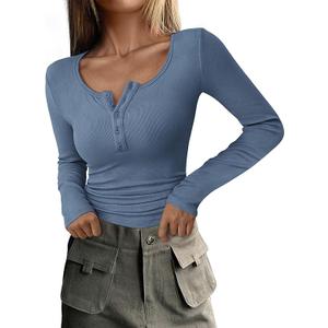 PRETTYGARDEN Women's 2025 Fall Long Sleeve Henley T Shirts Button Ribbed Knit Slim Fit Basic Tops Blouse Casual Outfits (Grey) S