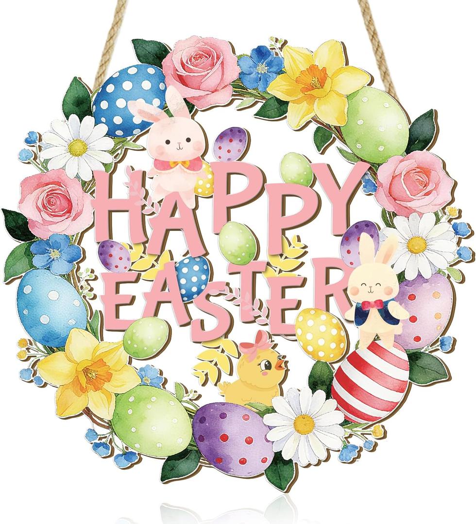 Easter Wood Door Hanging Sign with Happy Easter Bunny Egg Wreath Decoration Spring Wall Hanging Decor for Farmhouse Party Supplies & Easter Gifts