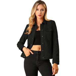 Allegra K Women's Faux Suede Turn-Down Collar Shacket Flap Pockets Snap Button Western Jacket (Black, L)