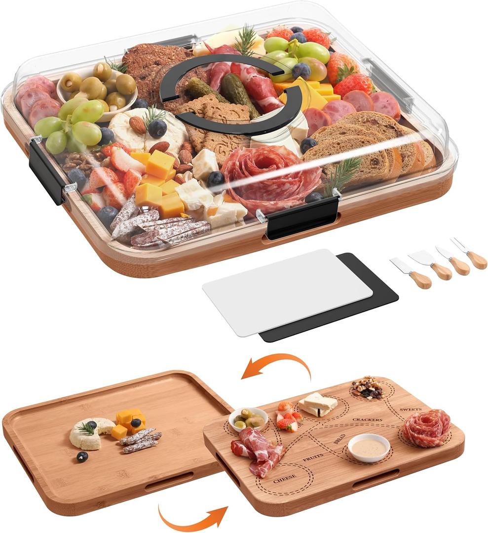 Charcuterie Board with Lid, 2-in-1 Bamboo Cheese & Cutting Board with Engraved Guide, Covered Snack Serving Tray, Includes 2 Plastic Cutting Mats & 4 Cheese Knives, Charcuterie Accessories Gift