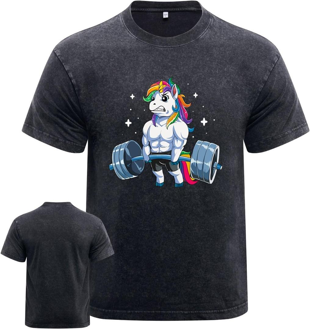 Washed Gym Shirt with Weightlifting Unicorn Design, Fitness Apparel for Men, Casual Athleisure Wear (Black, L)