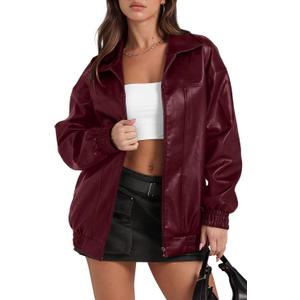 Sampeel Leather Jacket Women Faux Oversized Motorcycle Bomber Coats 2025 Fall Fashion Outfits Winter Clothes (Red, S)