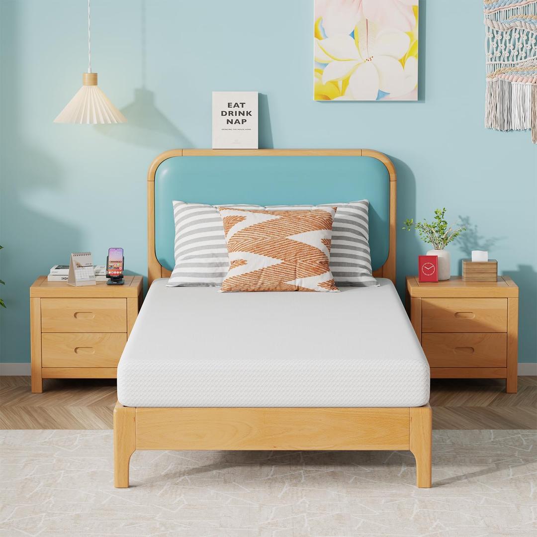 FDW 6 Inch Twin Mattress, Medium Firm Gel Memory Foam, Cooling Ventilated Foam, Pressure Relief, White, Removable Washable Cover, Bed in a Box, CertiPUR‑US Certified
