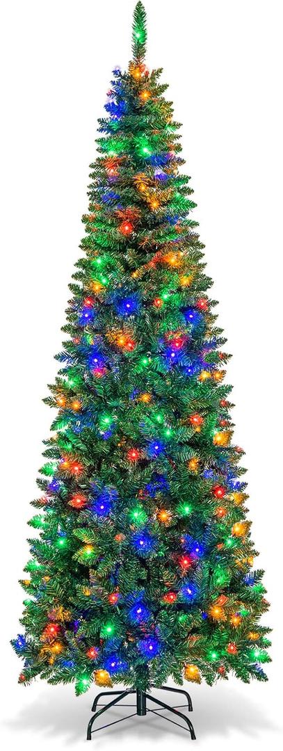 7.5 ft. Pre-Lit Hinged Pencil Artificial Christmas Tree with 350 Multi-Color LED Lights