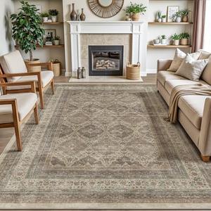 DEXI Area Rugs for Living Room, 5x8 Washable Low Pile Vintage Traditional Rug for Bedroom, Non Slip Indoor Carpet for Dining Office Nursery, Warm Taupe