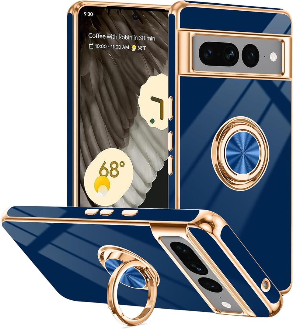 Tnarru Designed for Google Pixel 7 Pro Case with Ring Stand, Support Magnetic Car Mount Rotating Finger Holder Soft TPU Cover Plating Edge Slim Phone Case for Pixel 7 Pro Blue