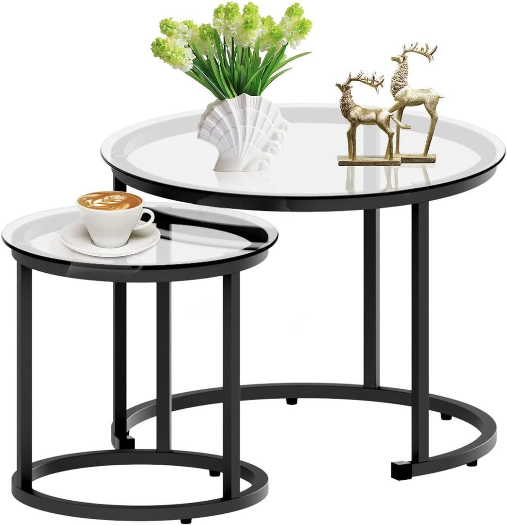 Aboxoo Black Nesting Coffee Glass Table Set of 2, Metal Freme Side End Tables for Living Room Bedroom for Apartment Small Place Modern Industrial Simple, 23.6D x 23.6W x 17.7H in