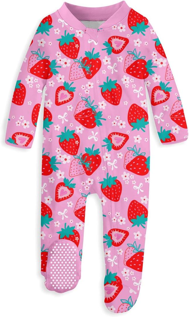 uideazone Baby Girls Footed Pajamas Zip-Front One-Piece Sleeper Non-Slip Footie Cute Pattern Jumpsuit PJs 0-12 Month (Pink Strawberry)