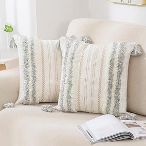 1 pcs decorUhome Decorative Boho Throw Pillow Covers 18x18, Accent Neutral Textured Tufted Pillow Covers Striped for Couch Bed Sofa Living Room, Light Grey and Cream White