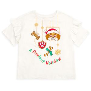 Paw Patrol Big Girls' Christmas Ruffle Jersey Short Sleeve Graphic Tee Skye White 10-12 (White)