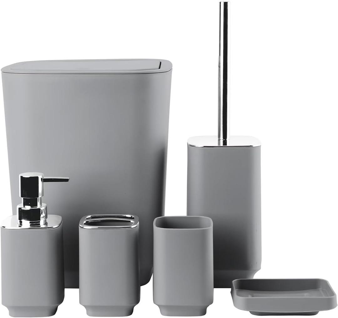 Bathroom Accessory Set 6 Piece Bathroom Accessories Set with Toothbrush Holder & Cup, Soap Dispenser& Dish, Toilet Brush Holder, Trash Can Plastic Gift Set for Bathroom Decorative Countertop (Gray)