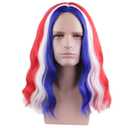 MAGQOO Red Blue White Wig for Men 4th of July Wigs Long Curly Wavy Red Blue White Wigs Middle Part American Flag Independence Day Costume Wig Synthetic Heat Resistant Cosplay