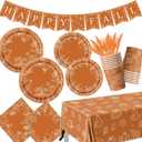 Fall Pumpkin Dinnerware Decorations,142pcs Thanksgiving Fall Leaves Tableware Include Pumpkin Plates and Napkins Cups Tablecloth Banner for Harvest Autumn Party
