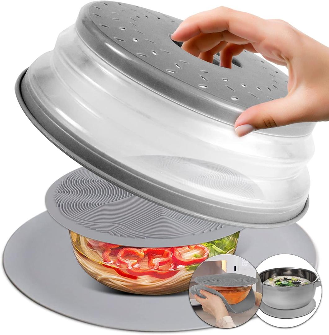 2 x 3 In 1, Aidacom Microwave Mat & Food Cover- 10" Mat as Bowl Holder, 8" as Bowl Cover, Collapsible Lid for Plates Dishes Splatter Guard, Multi-Purpose Silicone Mat & Kitchen Colander for Meal Prep,Grey