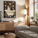 Halloween Canvas Wall Art Spooky Vintage Bathtub Scene with Black Cat Ghost Paper Cut Floral Wallpaper Poster Print for Living Room Bedroom Office Decoration (8x12in Black Framed, A01)