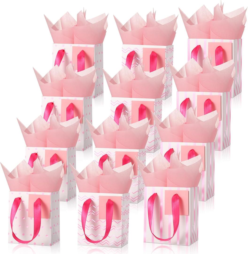 Tenare 12 Pcs Small Gift Bags Mini Metallic Paper Bag Bulk Tiny with Handle Tissue Paper for Gift Wrap Mother's Father's Day Birthday Graduation Party(4 x 2.75 x 4.5 Inch,White Pink Gold)
