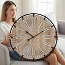 EMAX HOME 24 Inch Large Farmhouse Wall Clock, Rustic Antique Wood with Metal Circle and Large Engraved Numerals, Silent Battery Operated Wall Clock for Office Kitchen Bedroom Living Room