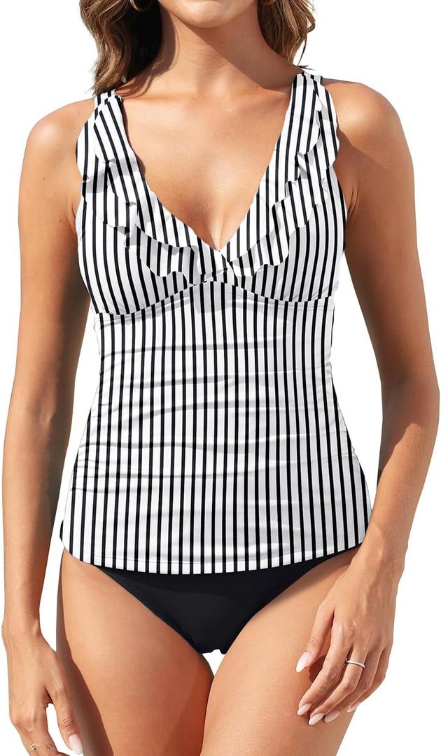Womens Two Piece Swimsuits - Ruffle Flounce Tankini Tummy Control Bathing Suits V Neck Swimwear (Medium, Black&white Striped)