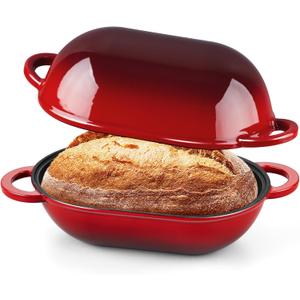 Onader Oval Dutch Oven for Bread Baking, 9x5-1/2 Inch Cast Iron Sourdough Bread Loaf Pan with Lid, Enameled Cast Iron Dutch Oven Pot, 2.8QT Meatloaf Pan, Heavy Duty - Red