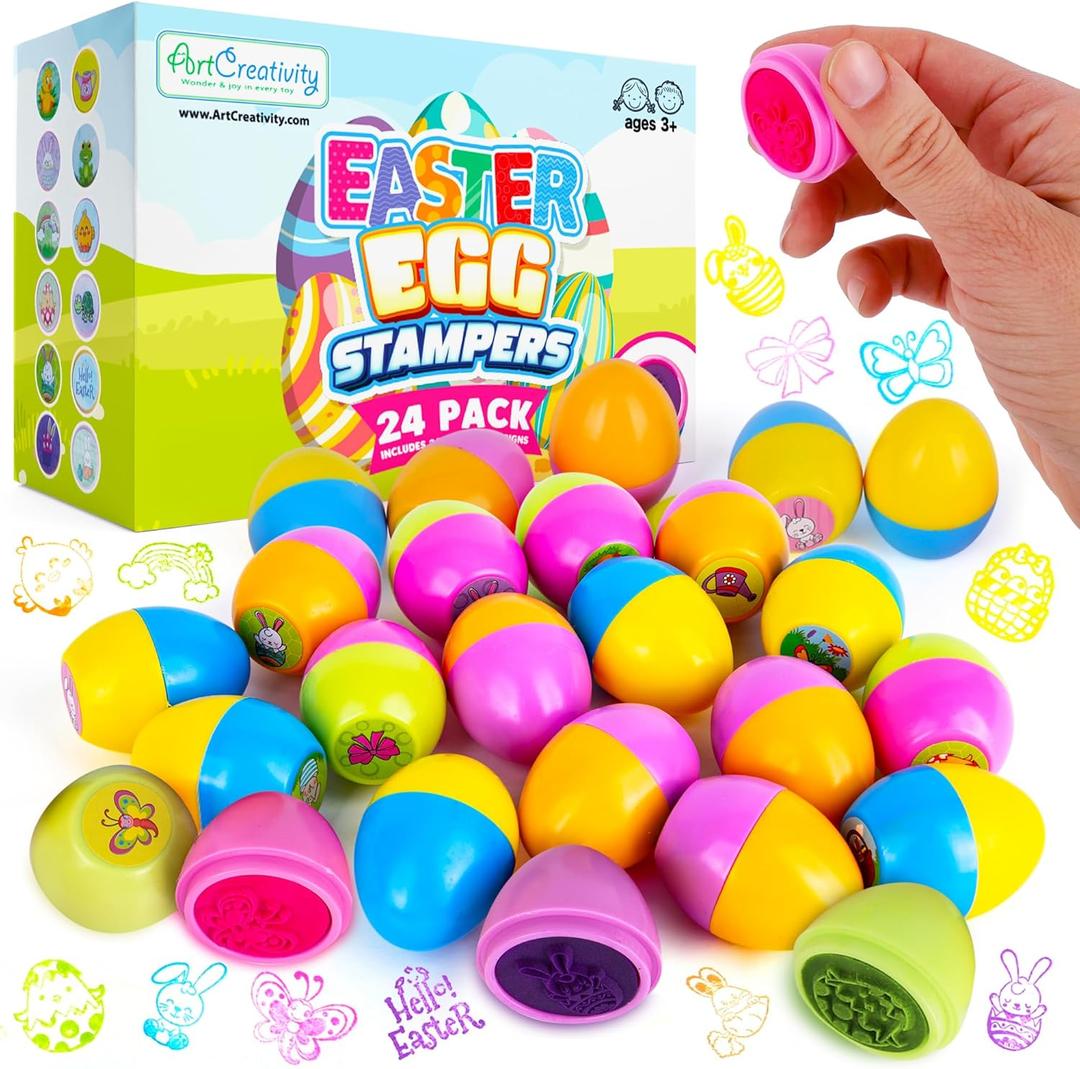 ArtCreativity Easter Egg Stampers - Set of 24 - Self Inking Mini Stamps for Kids Easter Eggs Hunt Game - DIY Easter Classroom Craft Toys with Vibrant Colors - Easter Basket Stuffers and Party Favors