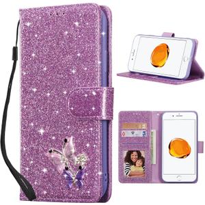 UEEBAI Wallet Case for iPhone 7 Plus/iPhone 8 Plus, Glitter PU Leather Phone Case Card Slots Kickstand Case Magnetic Closure Bling Flip Case Shockproof Hand Strap Flip Cover - Glitter Purple