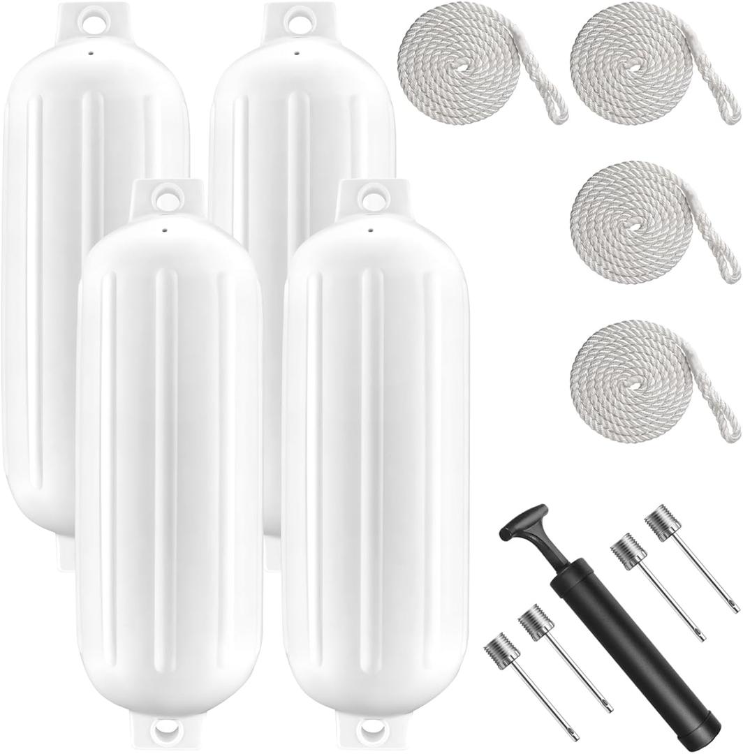 8.5 x 27 Inches Twin Eyes Ribbed Boat Fenders 4 Pack Boat Fenders Bumpers with Lines and Pump to Inflate for Docking