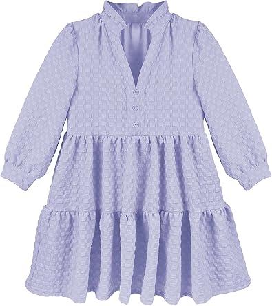 Girls 3/4 Sleeve Flowy Dresses Casual V Neck Texture A Line Layered Sundress for Kids with Pockets Size 5-14 L