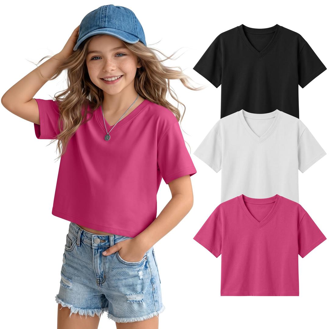 LessonZoo 3 Pack Girls Short Sleeve Crop Tops V Neck Cute Cropped T Shirts Summer Casual Tops Basic Tees Size 5-14 Years(Black, White, Rose Red,13-14 Years)