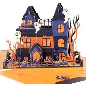 3 x Magic Ants Halloween 3D Pop-Up Card, Haunted House Design with Ghosts and Pumpkins, Spooky Greeting Card for Halloween Celebrations, Unique Handmade Halloween Card with Envelope
