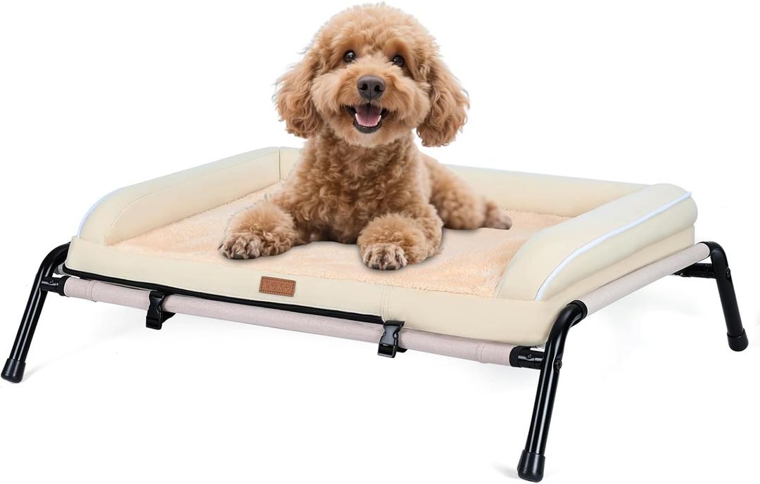 Lekereise Elevated Outdoor Dog Bed Cot + Orthopedic Indoor Dog Sofa Bed, 2-in-1 Design, Load 40lb, Beige