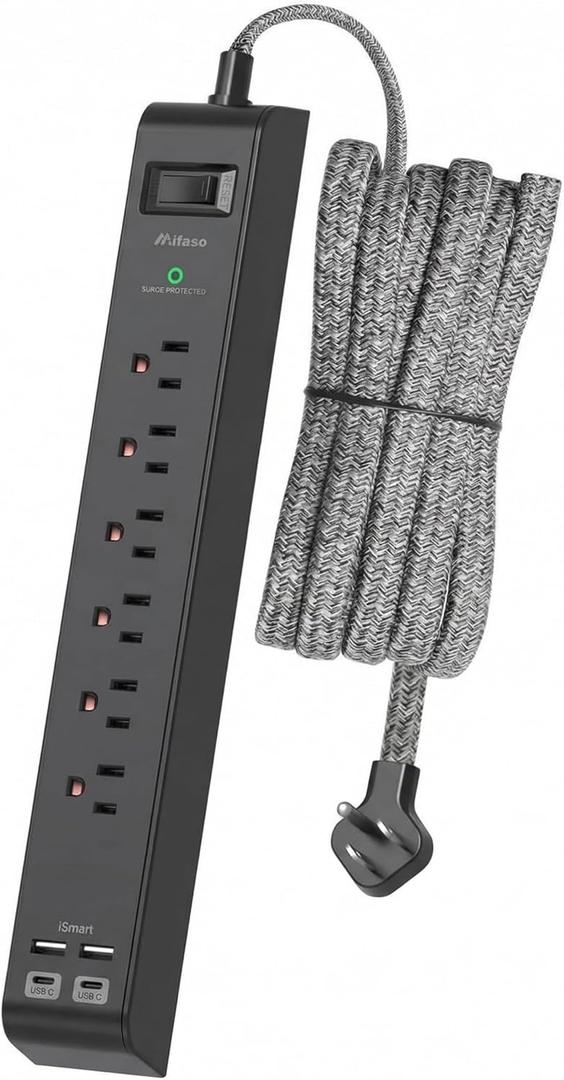 Surge Protector Power Strip 10FT, 10-in-1 with 6 AC Outlets 4 USB Ports(2 USB-C), Ultra Flat Plug Braided Extension Cord, Wall Mountable, 1080J Surge Protection, ETL Listed, Black