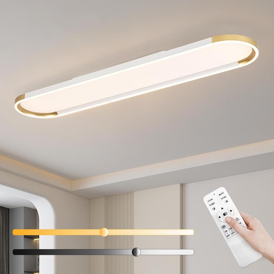 ADISUN Modern LED Ceiling Light Dimmable Linear Ceiling Light 39.4in Semi Flush Mount Long Lights with Remote Control and Side Lighting for Living Room Kitchen Dining Room White & Gold
