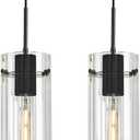 Modern Black Pendant Light Kitchen Island, 4.7" Glass Shade 2 Pack | Adjustable Hanging Cord, E26 Bulb Base, Matte Black Metal, for Dining Room Foyer Entryway Bathroom, Easy Installation