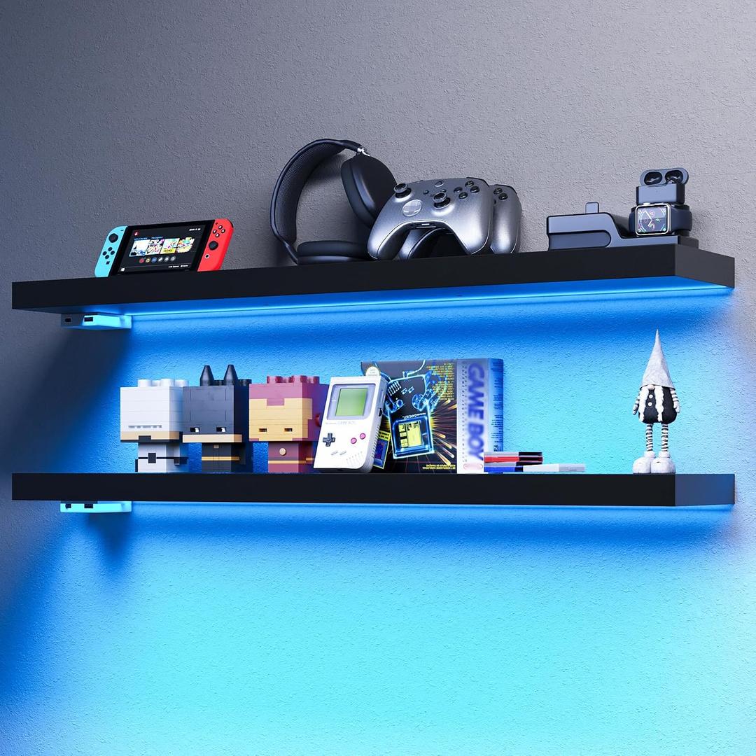 BAMEOS Floating Shelves with RGB LED, 31" Wall Mounted Wooden Shelves with Invisible Brackets, Set of 2, Hanging Wall Shelves for Bedroom, Bathroom, Living Room and Kitchen (Black)
