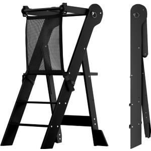 COSYLAND Foldable Toddler Kitchen Stool Helper - Height Adjustable Standing Tower for Bathroom Sink or Kitchen Counter - Step Stool for Toddlers Ages 18 Months to 6 Years Black